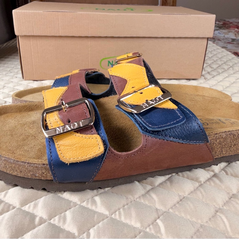 Naot San Diego Slide Sandals in Brown, Mustard, and Navy, Size 7/38 EU, NWB - Picture 8 of 14